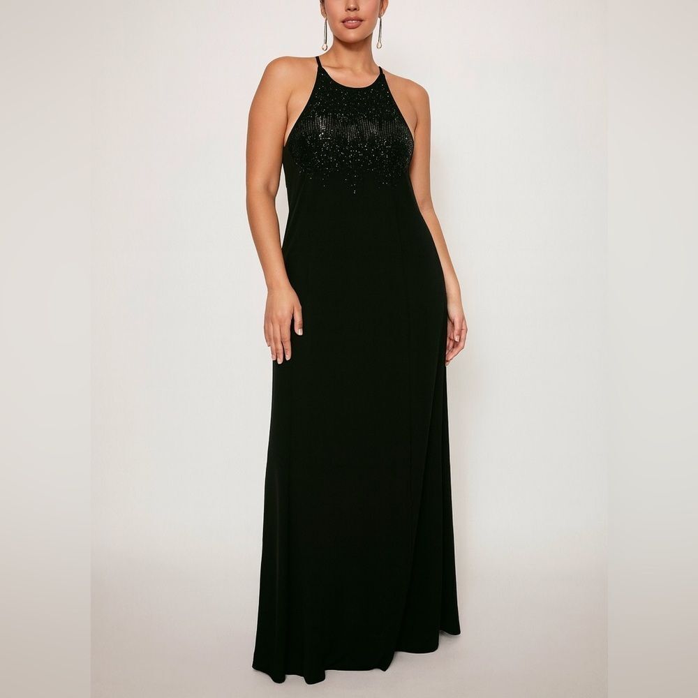 CACHET Vintage Black Bugle Beaded Formal Gown Dress Cocktail Size 12